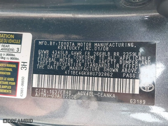 2008 Toyota Camry LE with VIN 4T1BE46K88U792862, listed as a IAAI auction lot 41999796 with 109,531 mi miles. Bid and sale history available at carsss.com. Image 9.