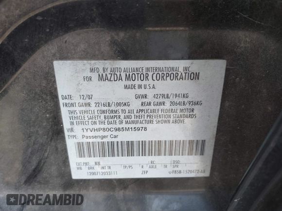 2008 Mazda 6 i Sport VE with VIN 1YVHP80C985M15978, listed as a IAAI auction lot 41740074 with 179,387 mi miles. Bid and sale history available at carsss.com. Image 9.