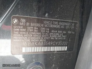 2009 BMW 7 Series 750i with VIN WBAKA83549CY35202, listed as a IAAI auction lot 41871197 with 134,736 mi miles. Bid and sale history available at carsss.com. Image 9.