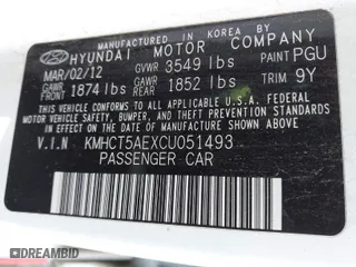 2012 Hyundai Accent GS with VIN KMHCT5AEXCU051493, listed as a IAAI auction lot 41666634 with 176,293 mi miles. Bid and sale history available at carsss.com. Image 9.