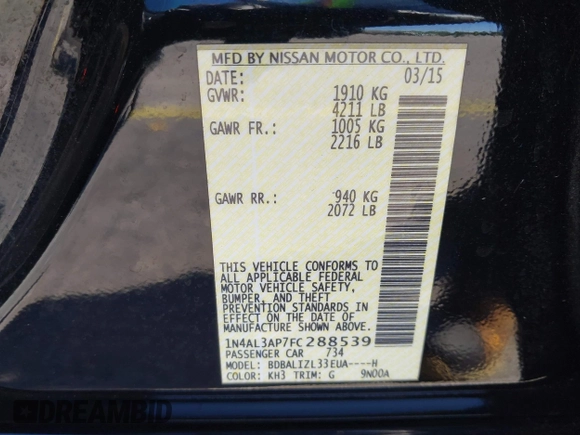 2015 Nissan Altima S with VIN 1N4AL3AP7FC288539, listed as a IAAI auction lot 42031553 with 121,050 mi miles and . Bid and sale history available at DreamBid. Image 9.