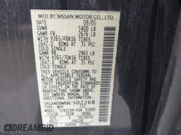 2006 Nissan Xterra S with VIN 5N1AN08W66C502268, listed as a IAAI auction lot 42469020 with 194,559 mi miles and . Bid and sale history available at DreamBid. Image 9.