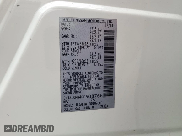 2015 Infiniti QX60 with VIN 5N1AL0MN4FC508766, listed as a Copart auction lot 53473045 with 91,920 mi miles and Salvage Title. Bid and sale history available at DreamBid. Image 14.