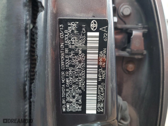 2013 Toyota Prius c One with VIN JTDKDTB30D1537439, listed as a Copart auction lot 45961615 with 125,779 mi miles and Salvage Title. Bid and sale history available at carsss.com. Image 12.