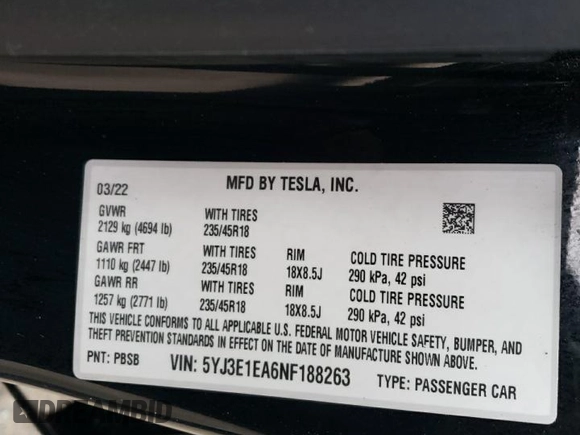 2022 Tesla Model 3 with VIN 5YJ3E1EA6NF188263, listed as a Copart auction lot 77542203 with 75,461 mi miles and Non Repairable. Bid and sale history available at DreamBid. Image 13.
