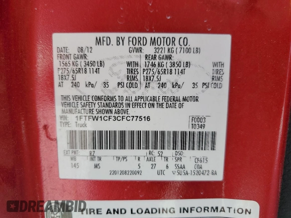 2012 Ford F-150 XL with VIN 1FTFW1CF3CFC77516, listed as a Copart auction lot 44785735 with 153,635 mi miles and Non Repairable. Bid and sale history available at carsss.com. Image 14.