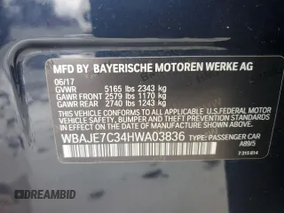 2017 BMW 5 Series 540i xDrive with VIN WBAJE7C34HWA03836, listed as a Copart auction lot 49574625 with Not provided miles and Salvage title. Bid and sale history available at DreamBid. Image 12.