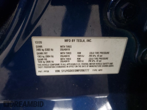 2021 Tesla Model Y Long Range with VIN 5YJYGDEE0MF096777, listed as a Copart auction lot 49005925 with 94,455 mi miles and Salvage Title. Bid and sale history available at DreamBid. Image 14.