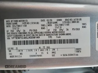 2020 Ford F-150 XL with VIN 1FTEW1C4XLKE08149, listed as a Copart auction lot 49164625 with Not provided miles and Salvage title. Bid and sale history available at DreamBid. Image 12.