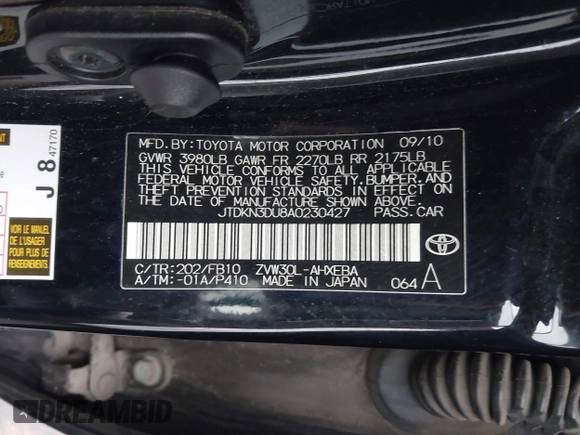 2010 Toyota Prius II with VIN JTDKN3DU8A0230427, listed as a IAAI auction lot 41180398 with 133,216 mi miles. Bid and sale history available at carsss.com. Image 9.