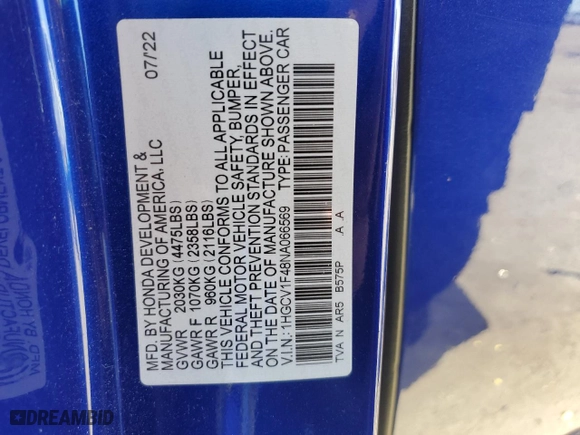 2022 Honda Accord Sedan Sport SE with VIN 1HGCV1F48NA066569, listed as a Copart auction lot 47106255 with 25,807 mi miles and Salvage Title. Bid and sale history available at carsss.com. Image 12.