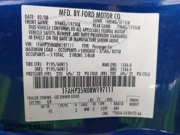 2008 Ford Focus SE with VIN 1FAHP35N08W197111, listed as a IAAI auction lot 42072726 with 109,587 mi miles. Bid and sale history available at carsss.com. Image 9.