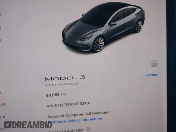 2018 Tesla Model 3 Long Range Battery with VIN 5YJ3E1EA7JF163401, listed as a IAAI auction lot 41829681 with 90,065 mi miles. Bid and sale history available at carsss.com. Image 7.