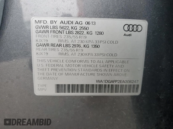 2014 Audi Q5 Premium Plus z VIN WA1DGAFP2EA008247, wystawiony jako Copart lot #55117235 z przebiegiem 132 601 mil mil oraz Szkoda całkowita • Salvage title. Historia ofert i sprzedaży dostępna na DreamBid. Obrazek 14.