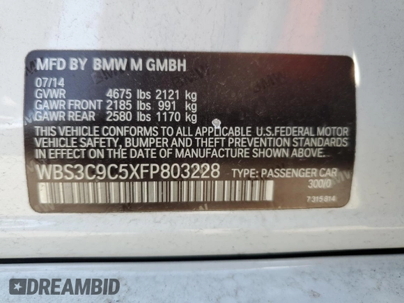 2015 BMW M3 with VIN WBS3C9C5XFP803228, listed as a Copart auction lot 52173245 with 105,597 mi miles and Salvage title. Bid and sale history available at DreamBid. Image 12.