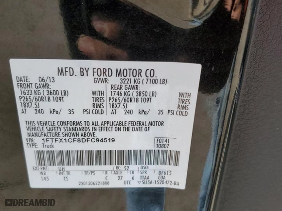 2013 Ford F-150 XL with VIN 1FTFX1CF8DFC94519, listed as a Copart auction lot 49573935 with 145,311 mi miles and Salvage Title. Bid and sale history available at carsss.com. Image 12.