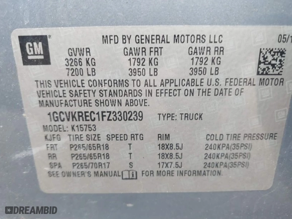2015 Chevrolet Silverado 1500 LT with VIN 1GCVKREC1FZ330239, listed as a IAAI auction lot 41672993 with 87,766 mi miles. Bid and sale history available at carsss.com. Image 9.
