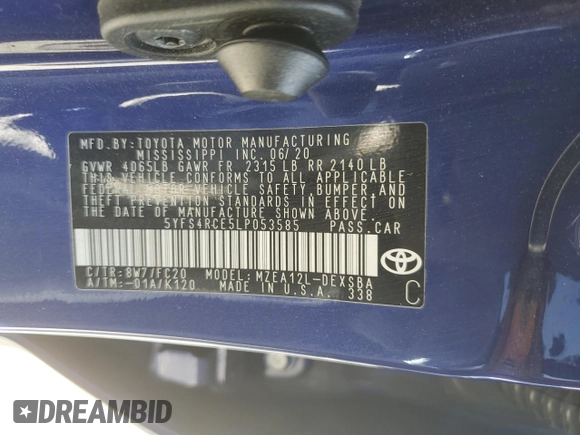 2020 Toyota Corolla SE with VIN 5YFS4RCE5LP053585, listed as a Copart auction lot 51502885 with 101,858 mi miles and Salvage Title. Bid and sale history available at carsss.com. Image 15.