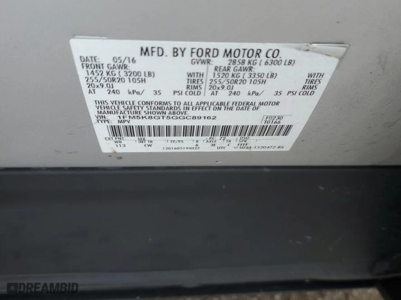 2016 Ford Explorer Sport with VIN 1FM5K8GT5GGC89162, listed as a Copart auction lot 44734365 with 170,985 mi miles and Salvage Title. Bid and sale history available at carsss.com. Image 13.
