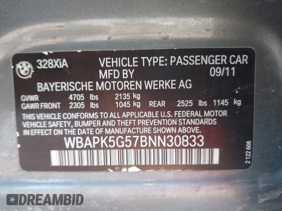 2011 BMW 3 Series 328i xDrive with VIN WBAPK5G57BNN30833, listed as a IAAI auction lot 42632292 with 157,153 mi miles and . Bid and sale history available at DreamBid. Image 9.