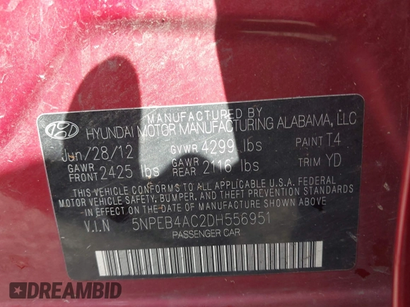 2013 Hyundai Sonata GLS with VIN 5NPEB4AC2DH556951, listed as a IAAI auction lot 41986332 with 125,806 mi miles and . Bid and sale history available at carsss.com. Image 9.
