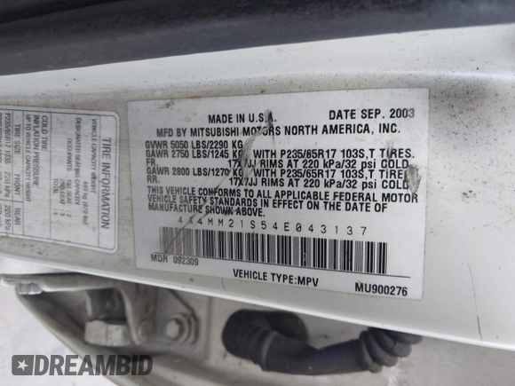 2004 Mitsubishi Endeavor LS z VIN 4A4MM21S54E043137, wystawiony jako IAAI lot #42257625 z przebiegiem 169 358 mil mil oraz . Historia ofert i sprzedaży dostępna na DreamBid. Obrazek 9.