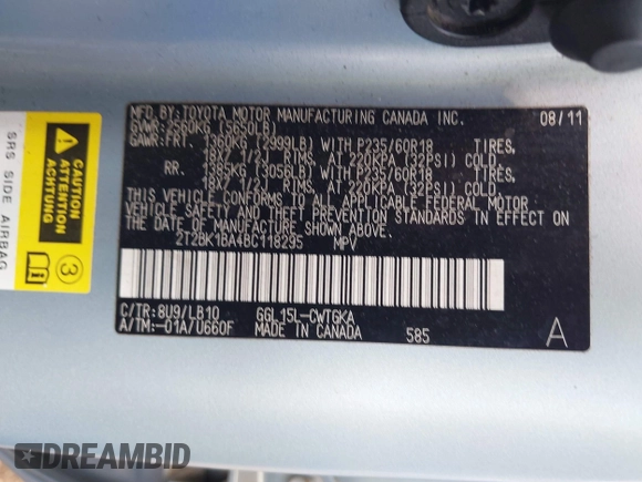 2011 Lexus RX 350 with VIN 2T2BK1BA4BC118295, listed as a IAAI auction lot 42757689 with 219,915 mi miles and . Bid and sale history available at DreamBid. Image 9.