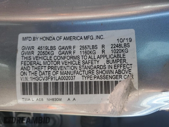 2020 Honda Accord Touring with VIN 1HGCV3F91LA002037, listed as a Copart auction lot 49278465 with 100,412 mi miles and Salvage title. Bid and sale history available at DreamBid. Image 12.