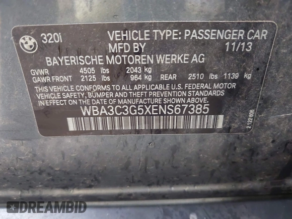 2014 BMW 3 Series 320i xDrive with VIN WBA3C3G5XENS67385, listed as a IAAI auction lot 42148360 with 98,216 mi miles and . Bid and sale history available at DreamBid. Image 9.