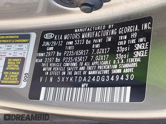2013 Kia Sorento LX z VIN 5XYKTDA24DG349430, wystawiony jako IAAI lot #42549811 z przebiegiem 204 664 mil mil oraz . Historia ofert i sprzedaży dostępna na DreamBid. Obrazek 9.