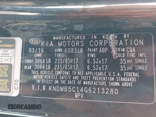 2016 Kia Sedona LX with VIN KNDMB5C14G6213280, listed as a IAAI auction lot 41778226 with 85,533 mi miles. Bid and sale history available at carsss.com. Image 9.