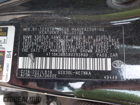 2008 Toyota Avalon XL with VIN 4T1BK36B58U293889, listed as a IAAI auction lot 41843953 with 192,860 mi miles. Bid and sale history available at carsss.com. Image 9.