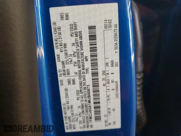 2021 Ford Escape SE with VIN 1FMCU0G61MUB00873, listed as a Copart auction lot 60718995 with 96,502 mi miles and Salvage title. Bid and sale history available at DreamBid. Image 13.