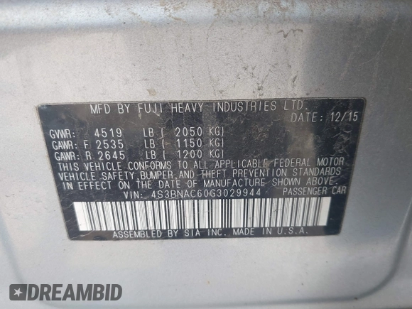 2016 Subaru Legacy Premium with VIN 4S3BNAC60G3029944, listed as a IAAI auction lot 42413115 with 101,293 mi miles and . Bid and sale history available at DreamBid. Image 9.