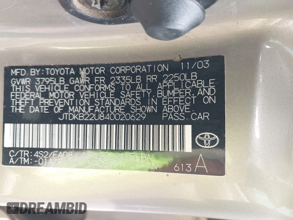 2004 Toyota Prius with VIN JTDKB22U840020629, listed as a IAAI auction lot 41917998 with 1 mi miles. Bid and sale history available at carsss.com. Image 9.
