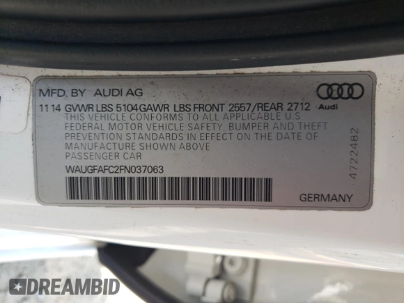 2015 Audi A6 Premium Plus with VIN WAUGFAFC2FN037063, listed as a Copart auction lot 58071405 with 150,007 mi miles and Salvage title. Bid and sale history available at DreamBid. Image 12.