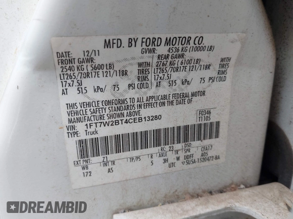 2012 Ford F-250 XL с VIN 1FT7W2BT4CEB13280, выставлен на аукционе IAAI как лот 42095924 с пробегом 247 892 миль миль и . История ставок и продаж доступна на DreamBid. Изображение 9.