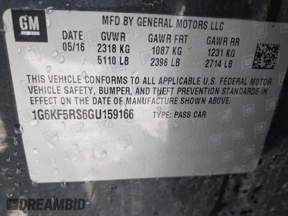 2016 Cadillac CT6 Premium Luxury AWD with VIN 1G6KF5RS6GU159166, listed as a IAAI auction lot 41764385 with 118,428 mi miles and . Bid and sale history available at DreamBid. Image 9.