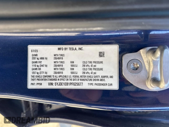2023 Tesla Model 3 Long Range with VIN 5YJ3E1EB1PF625677, listed as a Copart auction lot 52424245 with 12,817 mi miles and Salvage Title. Bid and sale history available at DreamBid. Image 10.