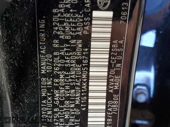 2021 Toyota Camry SE Nightshade with VIN 4T1G11AK4MU516714, listed as a Copart auction lot 54687245 with 147,616 mi miles and Salvage Title. Bid and sale history available at carsss.com. Image 12.