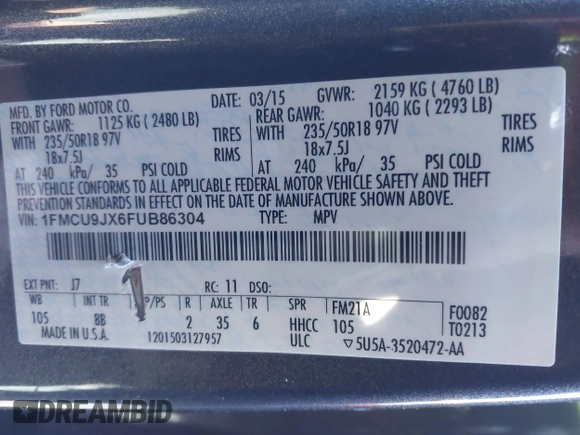 2015 Ford Escape Titanium with VIN 1FMCU9JX6FUB86304, listed as a IAAI auction lot 41595761 with 104,317 mi miles and . Bid and sale history available at DreamBid. Image 9.