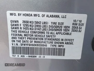 2019 Honda Pilot Touring 7-Passenger with VIN 5FNYF6H60KB038846, listed as a IAAI auction lot 41339385 with Not provided miles and . Bid and sale history available at DreamBid. Image 9.