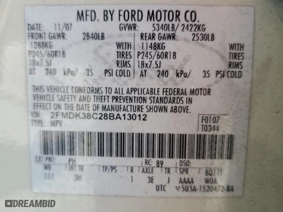 2008 Ford Edge SEL with VIN 2FMDK38C28BA13012, listed as a Copart auction lot 48972945 with 206,744 mi miles and Salvage Title. Bid and sale history available at carsss.com. Image 13.