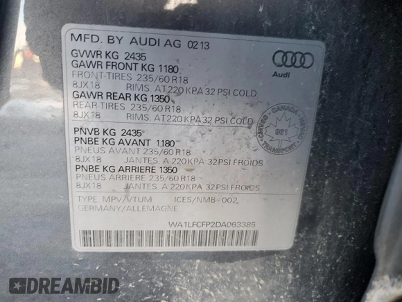 2013 Audi Q5 Premium z VIN WA1LFCFP2DA063385, wystawiony jako Copart lot #86151084 z przebiegiem 214 452 mil mil oraz Czysty tytuł • Clean title. Historia ofert i sprzedaży dostępna na DreamBid. Obrazek 13.