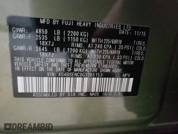2016 Subaru Outback Limited with VIN 4S4BSENC0G3265153, listed as a Copart auction lot 61839305 with 73,354 mi miles and Clean title. Bid and sale history available at DreamBid. Image 13.