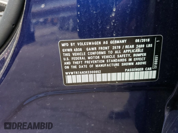 2019 Volkswagen Arteon SEL Premium R-Line z VIN WVWTR7AN3KE000652, wystawiony jako Copart lot #68808043 z przebiegiem 22 408 mil mil oraz . Historia ofert i sprzedaży dostępna na DreamBid. Obrazek 12.