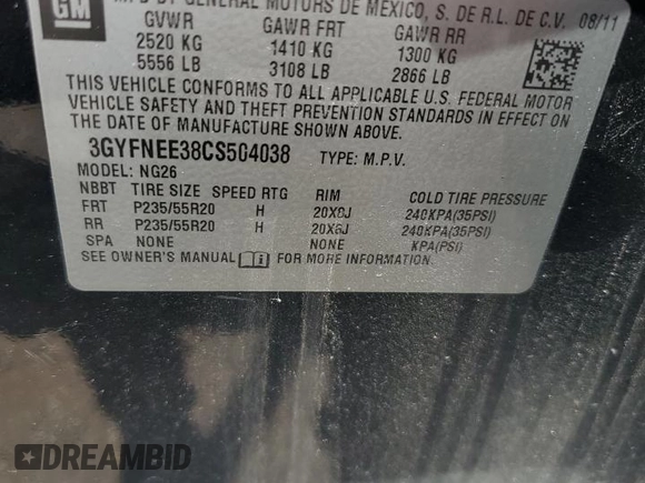2012 Cadillac SRX Performance Collection with VIN 3GYFNEE38CS504038, listed as a Copart auction lot 58381175 with Not provided miles and Salvage title. Bid and sale history available at DreamBid. Image 12.