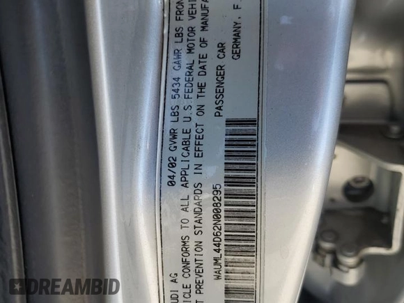 2002 Audi A8 with VIN WAUML44D62N008295, listed as a Copart auction lot 61276095 with 232,635 mi miles and Salvage title. Bid and sale history available at DreamBid. Image 12.