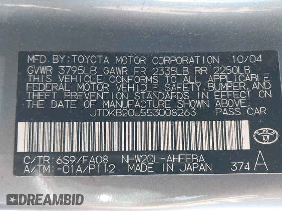 2005 Toyota Prius with VIN JTDKB20U553008263, listed as a IAAI auction lot 42149210 with 235,510 mi miles. Bid and sale history available at carsss.com. Image 9.
