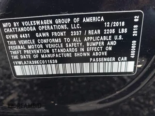 2019 Volkswagen Passat 2.0T Wolfsburg Edition with VIN 1VWLA7A39KC011539, listed as a IAAI auction lot 41616136 with 54,652 mi miles. Bid and sale history available at carsss.com. Image 9.
